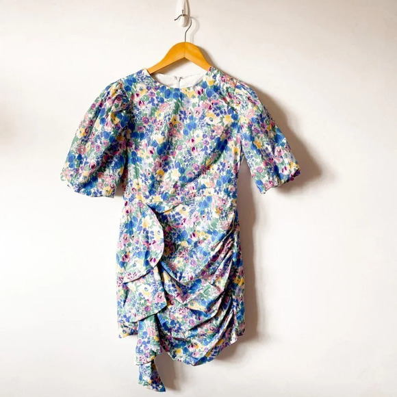 En Saison Ruched Floral Puff Sleeve Mini Day Dress Sz Small - Picture 4 of 8
